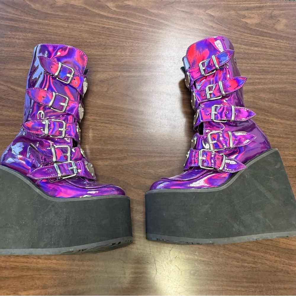 Demonia Swing 230 Platform Holographic Heart Buckle Boots in Purple - Size 6